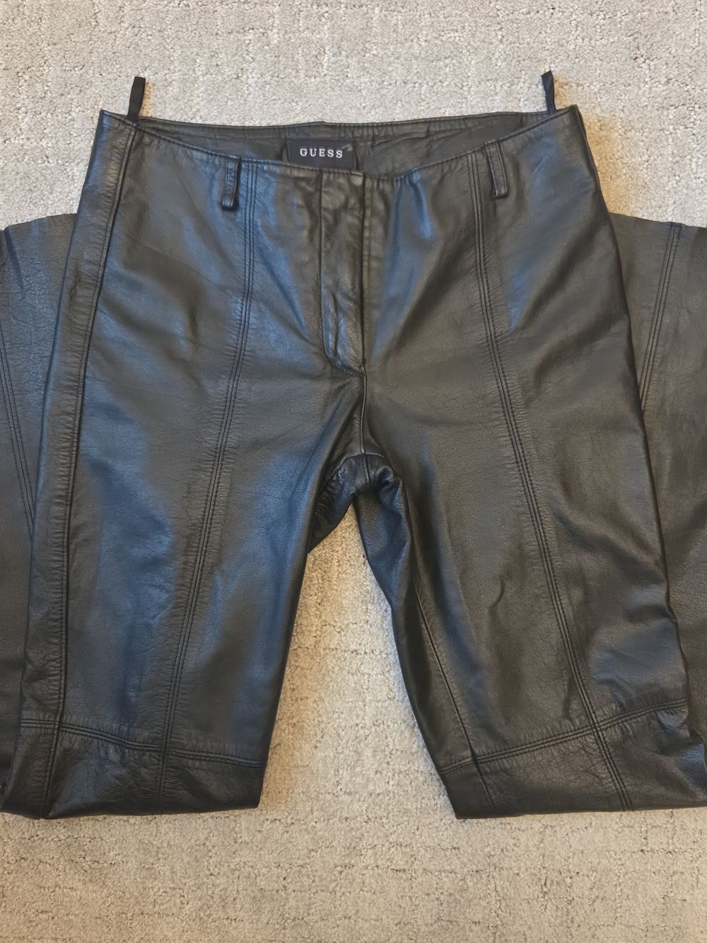 Vintage Y2K Guess Genuine Leather Pants | Black Flare Leg Panel Pants Size 4